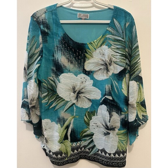 JM Collection Top Womens XL Blue Artsy Studded Sparkle Stretch Artsy Elegant - Picture 1 of 4